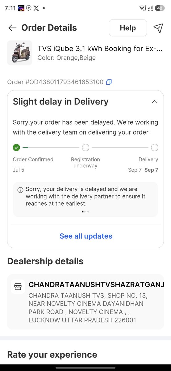 iamhpg's tweet photo. @tvsmotorcompany @Flipkart @flipkartsupport I booked iQube 3.1 on Flipkart on 5 July from Chandra Taanush TVS Hazratganj On 13/07 Ankit Yadav asked me not to cancel &amp; promised delivery in 1 week. Later false dispatch updates, and now delivery is pushed to 7/09 Please intervene. https://t.co/Vu5KOclYox