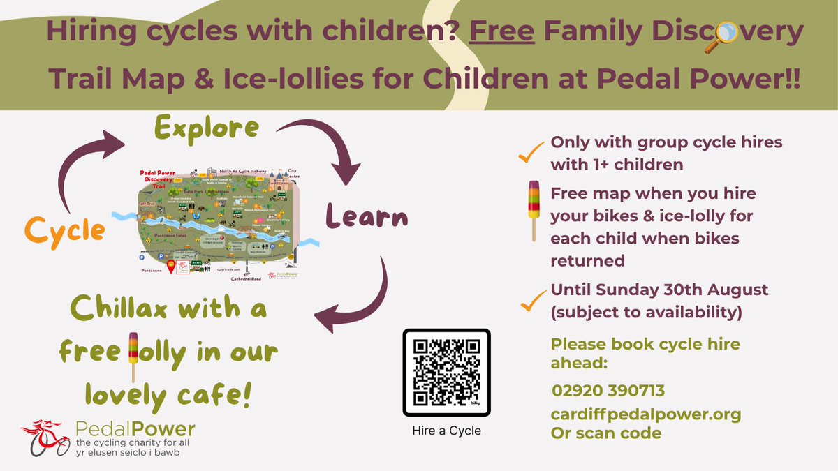 VisitCardiff's tweet photo. Looking to explore Cardiff? No better way than by bike! Hire cycles from @PedalPower_Diff  & get FREE local discovery map & FREE ice-lollies for Kids

-Cycles for all ages & abilities
-Offer applies to group hires that include 1 or more children until 30th Aug

https://t.co/WCNnadsfaw