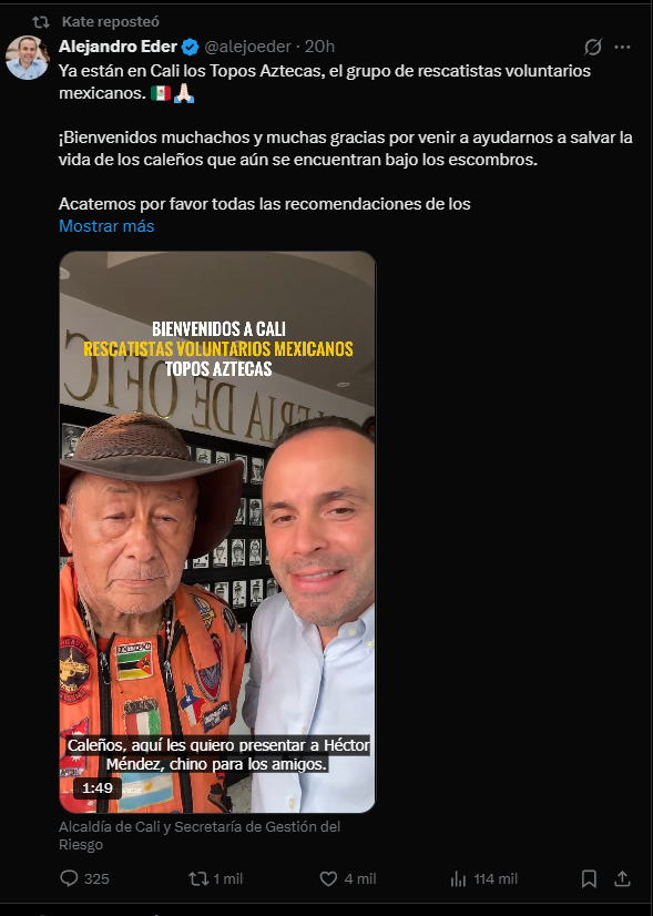 Judp25's tweet photo. @Kateherr1911 @ricardo12994275 @ABDELAESPRIELLA Atacas con racismo a quienes exigen que la ayuda no tenga filtro ideológico, pero reposteas con orgullo a rescatistas internacionales que venían de Venezuela para ayudar en Cali. Gracias por darle la razón a Ricardo con tu propia cuenta. Fin del debate. @Kateherr1911 https://t.co/6vEnzEyB0o