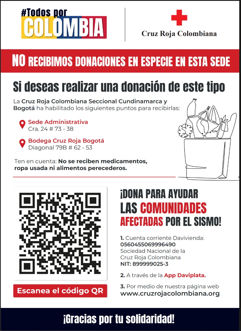 cruzrojacol's tweet photo. 📍 La sede de la Cruz Roja Colombiana Av. Carrera 68 # 68B-31, no está recibiendo donaciones en especie. Si deseas aportar elementos como pañales, artículos de aseo u otros productos, consulta los puntos de acopio habilitados. Para aportes económicos puedes escanear el QR 👇🏼 https://t.co/ptDBXf6efL