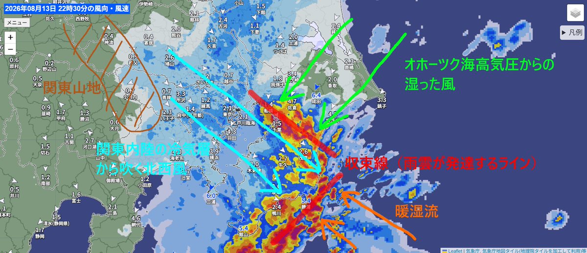 Nakkar2304's tweet photo. 房総半島南部の収束線は、関東山地の東側から吹く北西風の勢力が強くなりつつあり、海上へ徐々に移動している
しかし気掛かりなのは房総半島北部の収束線で、こちらは北西風とオホ高の北東風がぶつかって発生している
風向が直交しているので動きが少なく、数時間は雨雲の動きや発達に警戒が必要です！ https://t.co/wcQciccxMY