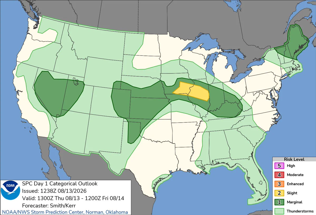 NOAA Storm Prediction Center Day 1 Categorical Outlook for Thursday, August 13, 2026. A Slight Risk (Level 2 of 5) is centered over portions of Iowa and Illinois. A broad Marginal Risk (Level 1) extends from the central Plains through the Midwest into the Ohio Valley, with separate Marginal Risk areas in the Great Basin and northern New England. General thunderstorms are possible across much of the West, central and northern U.S., Southeast, Gulf Coast, and Northeast.