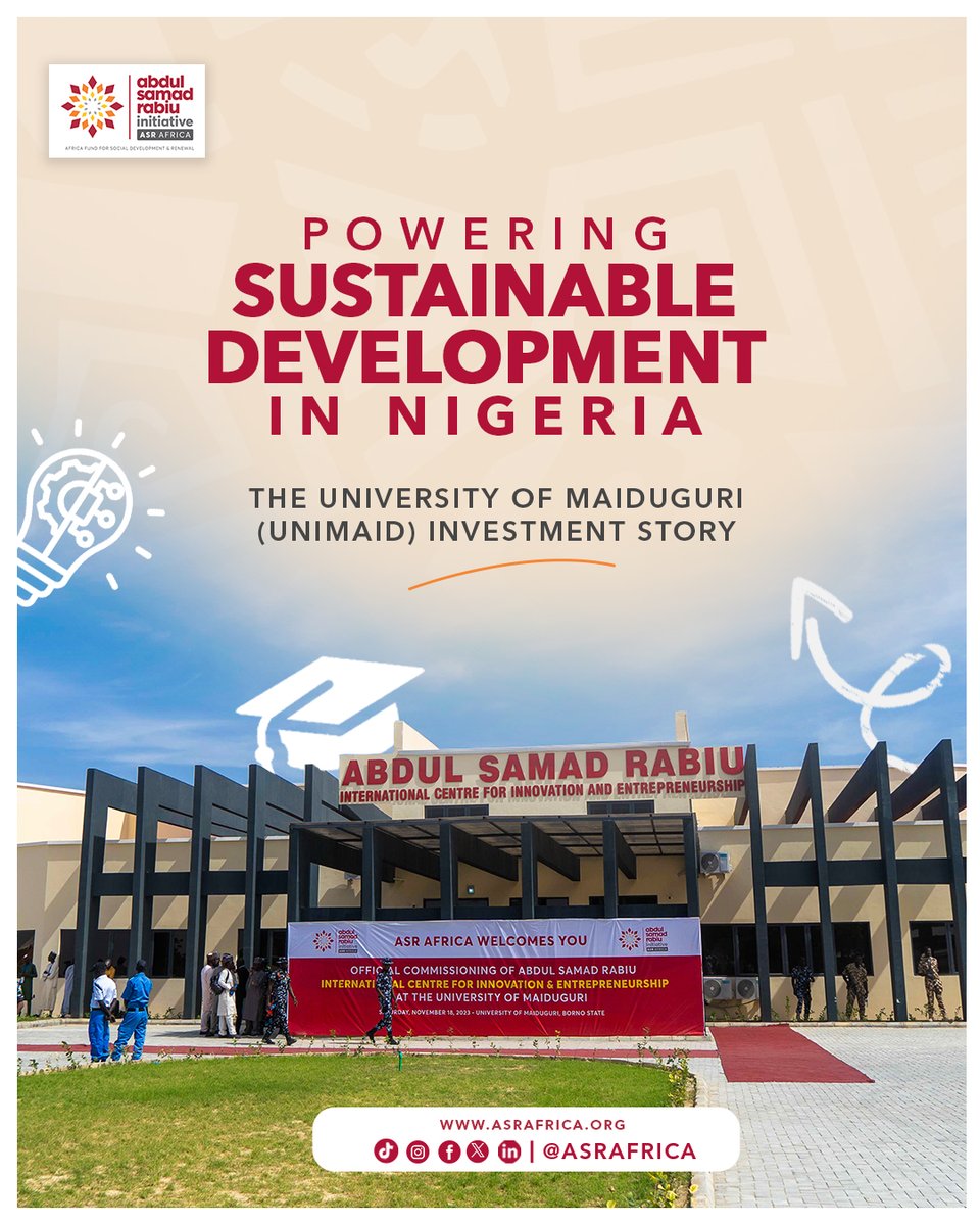 AsRafrica's tweet photo. The story of the Abdul Samad Rabiu International Centre for Innovation and Entrepreneurship at the University of Maiduguri is a story of what becomes possible when investment is driven by purpose.

Through its Tertiary Education Grant Scheme, ASR Africa supported the University of Maiduguri with a grant to build a modern innovation Centre - creating a space where students can do more than learn in the classroom.

.../1