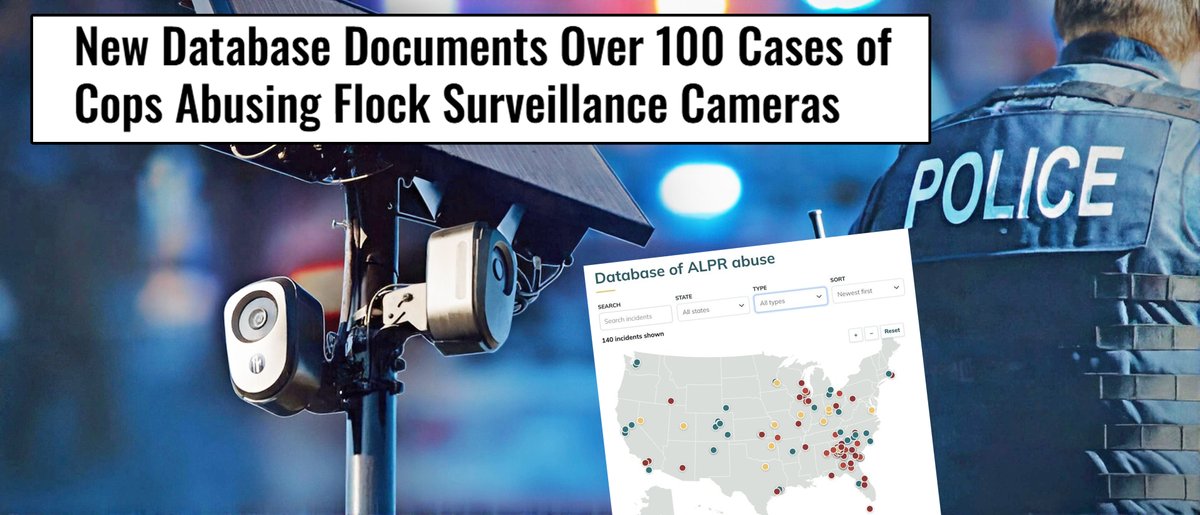 JasonBassler1's tweet photo. ⚠️ It's worse than we thought...

Not 50 cases. Over 100!

A new database launched yesterday by @IJ documents romantic stalking, wrongful stops and detentions, and other misconduct involving Flock cameras.

They wanted a database. They got one.
Who watches the watchers? We do! https://t.co/qmEiq2Vtyh