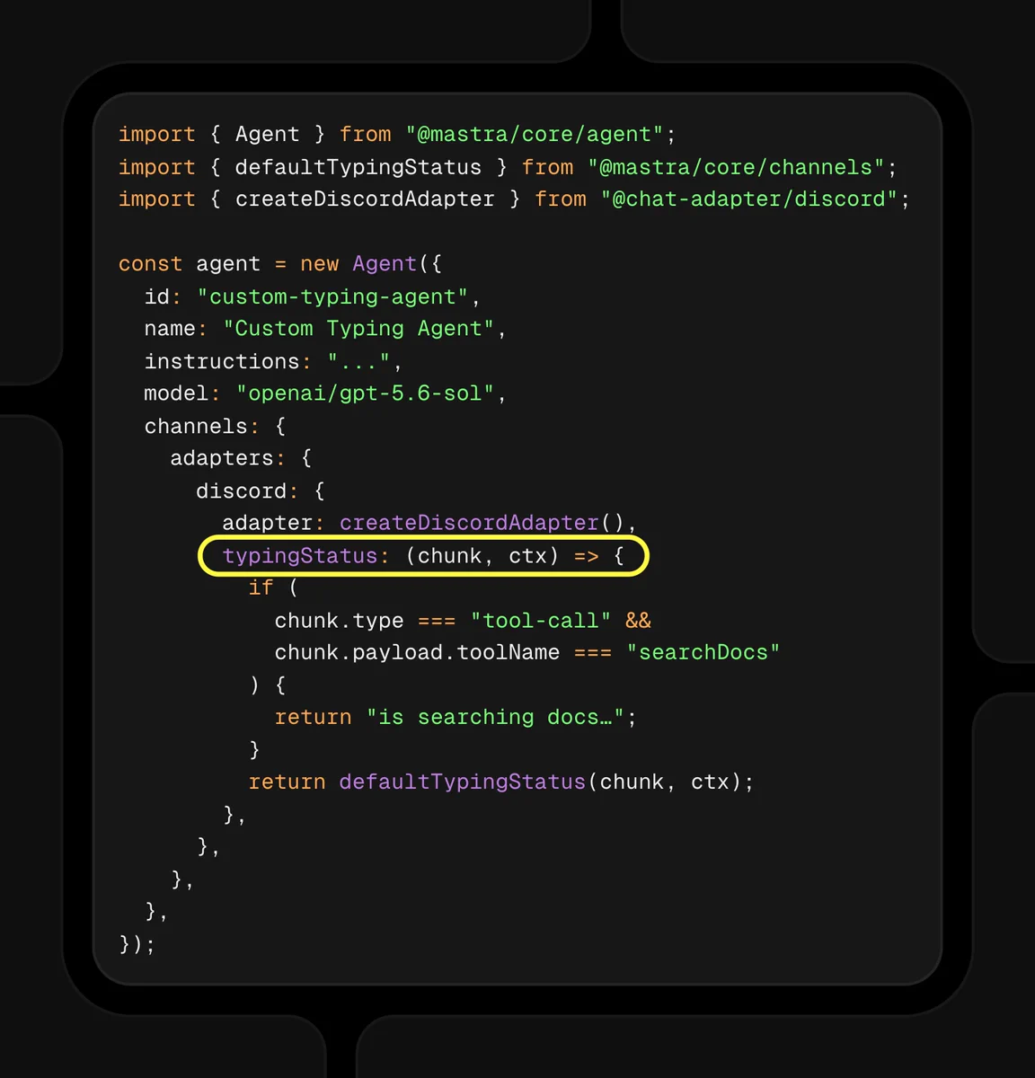 Code snippet outlines a custom typing status function for a Discord adapter in a chat application.