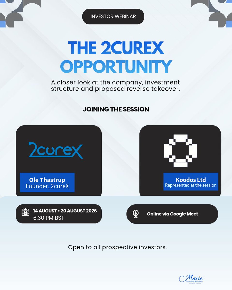 Marieconsultng's tweet photo. Join MCP for an investor-focused conversation exploring the 2cureX opportunity on 14th and 20th August.

Interested in learning more? Send us a DM for pre-qualification details.

#InvestmentOpportunities #InvestmentStrategy https://t.co/Y8XoifOWFD