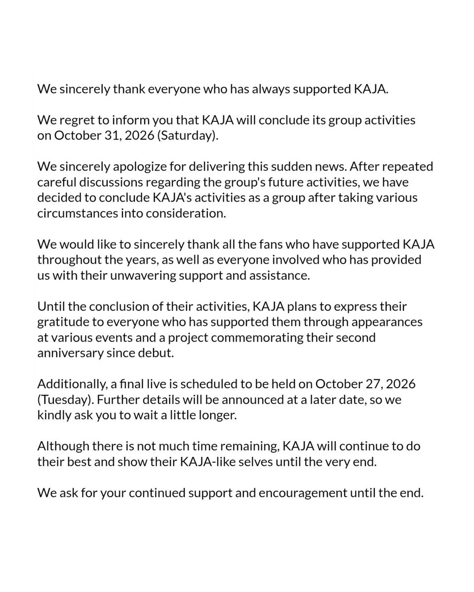 nugupromo's tweet photo. KAJA will disband on October 31st, with the group scheduled to hold a final live event on October 27th. https://t.co/QQUynZf6fB
