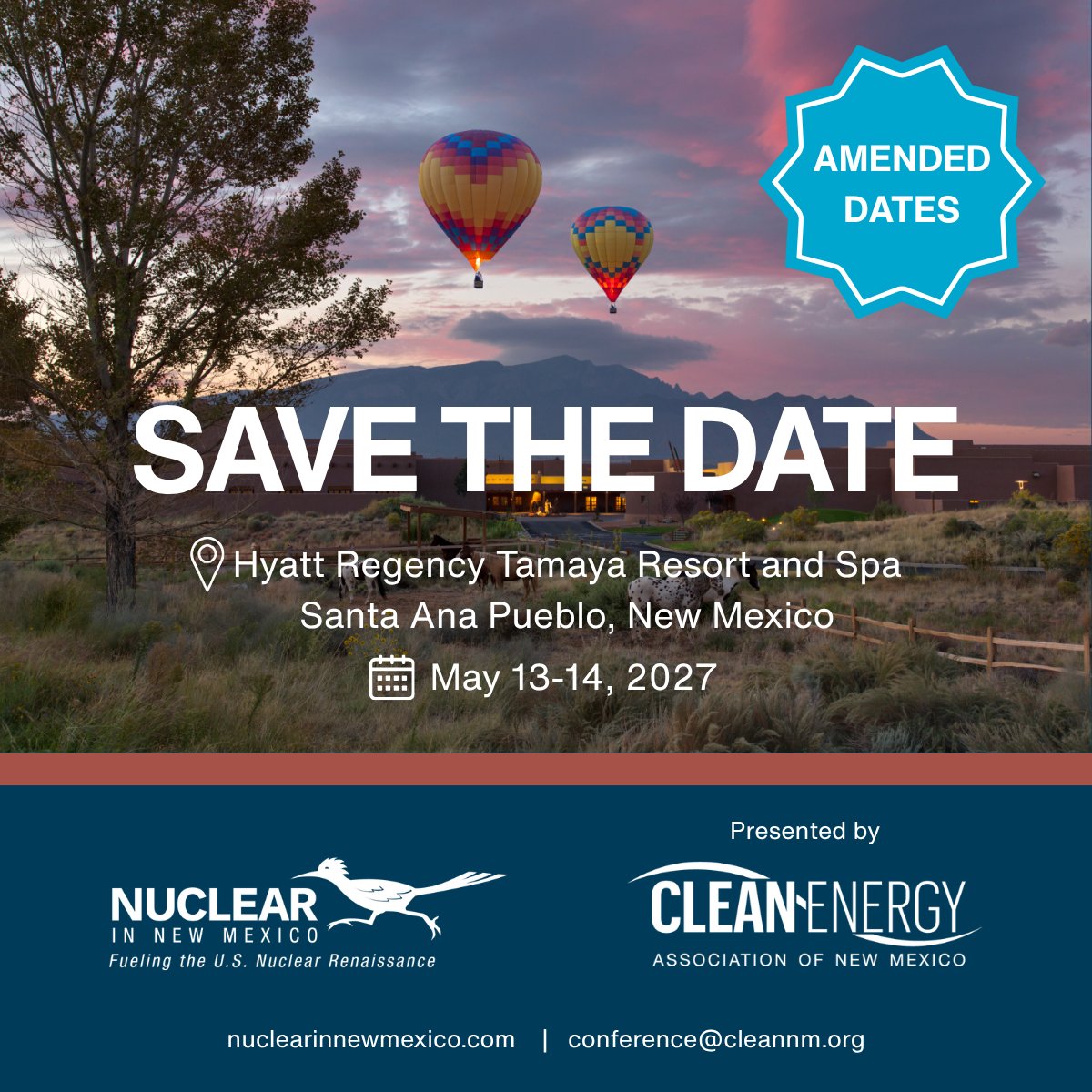 Cleanenergy_NM's tweet photo. 🗓️ Save the date!

CLEAN is pleased to announce that the Nuclear in New Mexico: Fueling the U.S. Nuclear Renaissance conference will be returning for a second year on May 13-14, 2027 at the Hyatt Regency Tamaya Resort and Spa on Santa Ana Pueblo, New Mexico.

Check back for more details soon! 👀

🔗 https://t.co/aNsoBKwgyX