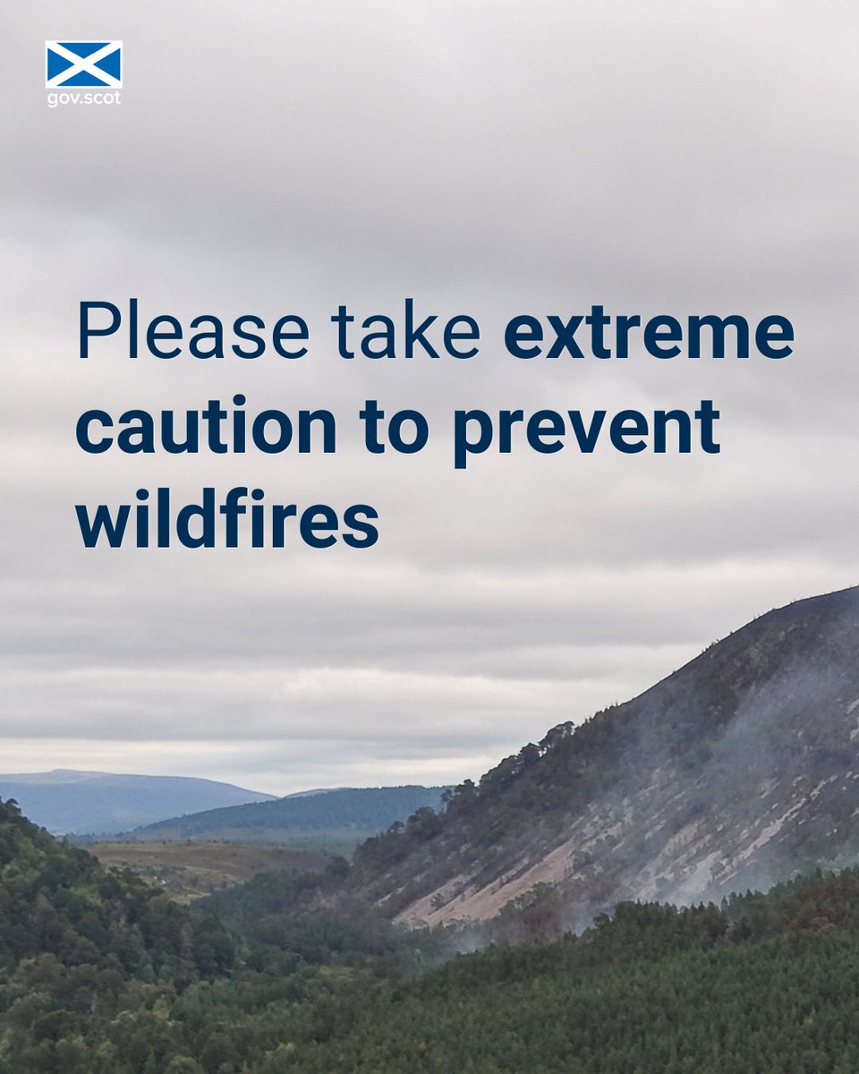 scotgov's tweet photo. We are urging people to take extreme caution during a very high wildfire warning for parts of Scotland.
 
To prevent wildfires:
• do not use naked flames or light outdoor fires, BBQs or fire bowls
• take all litter home with you including glass and extinguished cigarette ends https://t.co/cwDJe9pb6h