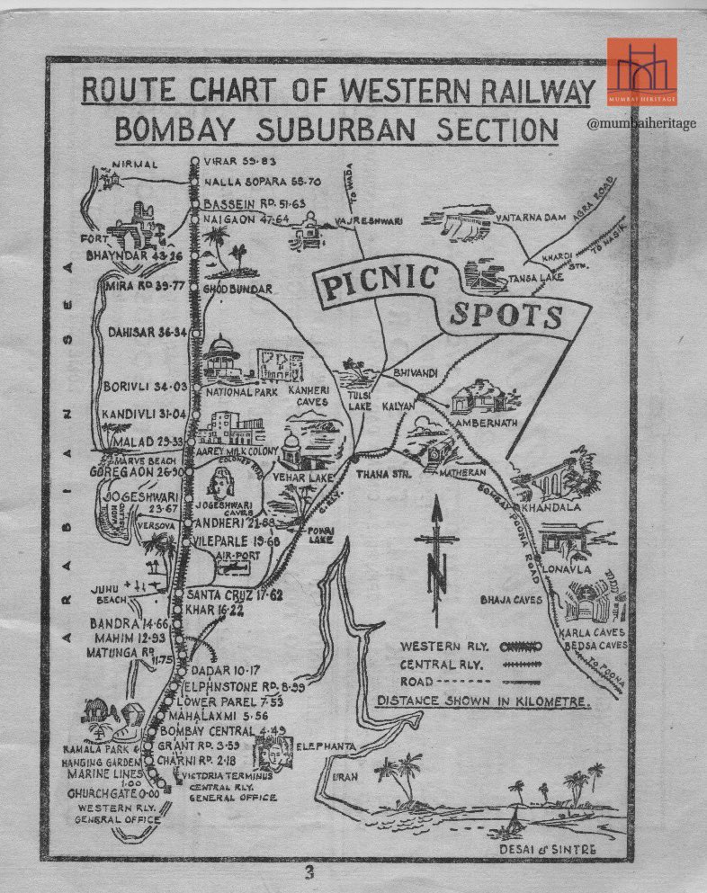 mumbaiheritage's tweet photo. When Mumbai’s railway map was also a picnic guide.

This map from the 1968 Western Railway timetable shows Mumbai’s suburban network alongside popular picnic spots.

Back then, trains were often more than half empty after Bandra and almost empty on Sundays. So the railways had to market these stations as gateways to weekend escapes.

Families travelled by train to places like Vehar Lake, Kanheri Caves, Gorai and ‘Bassein’ Fort. From Santa Cruz to Virar, much of the landscape was still lush and green, dotted with palms.
#OldMumbai #MumbaiHistory #IndianRailways