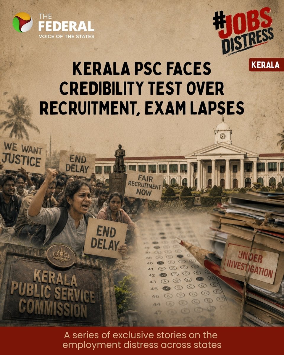 TheFederal_News's tweet photo. #JobDistress | The larger irony is that the Kerala PSC remains one of the country's most prolific public recruitment bodies, with an enormous scale of operations — but the bigger the system, the greater the consequences of even a technical failure or administrative delay, reports Rajeev Ramachandran in the third of our Jobs Distress series.
Read more: https://t.co/PIIHB9Zgsb
#KeralaPSC #JobsDistress #LPST #RankHolders #KPSC #GovernmentJobs #Recruitment #Kerala #UDF #Unemployment