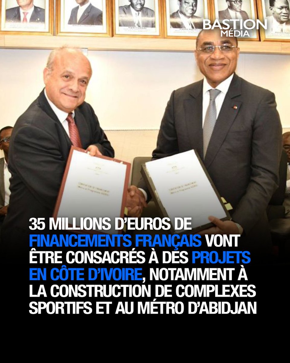 BastionMediaFR's tweet photo. 🔴🇫🇷🇨🇮 𝗙𝗟𝗔𝗦𝗛 𝗜𝗡𝗙𝗢 — 35 millions d’euros de financements français vont être consacrés à des projets en Côte d’Ivoire, notamment à la construction de complexes sportifs et au métro d’Abidjan.

Deux conventions, représentant près de 23 milliards de francs CFA, soit 35 millions € ont été signées entre la France et la Côte d’Ivoire.

Une partie financera l’achèvement de quatre complexes sportifs « Agora » à Guiglo, Dabou, Boundiali et Dimbokro. L’autre concernera des travaux nécessaires à la poursuite du chantier du métro d’Abidjan.

(Source : Ministère ivoirien de l’Économie, des Finances et du Budget)
