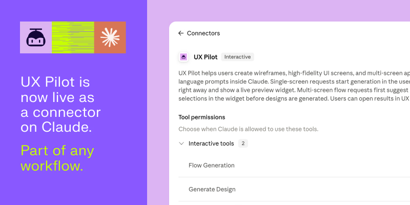 AdamFard_'s tweet photo. We launched @uxpilotai native connector for Claude.

Claude already knows your product idea, users, and requirements. Turn that context into UI screens and full flows, then send them to UX Pilot canva to refine.

No MCP setup. Just connect and design ⚡️ https://t.co/xqJt8AvPMn