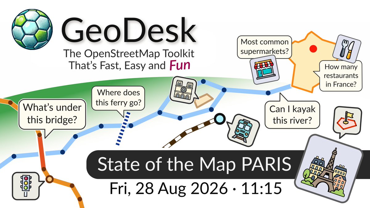 GeoDeskTeam's tweet photo. Don’t miss: “GeoDesk: The #OpenStreetMap toolkit that’s fast, easy and fun” at #SotM2026 on Friday, 28 August 2026, 11:15 CEST. https://t.co/lF1oPdFMFx https://t.co/0MokFYNljv