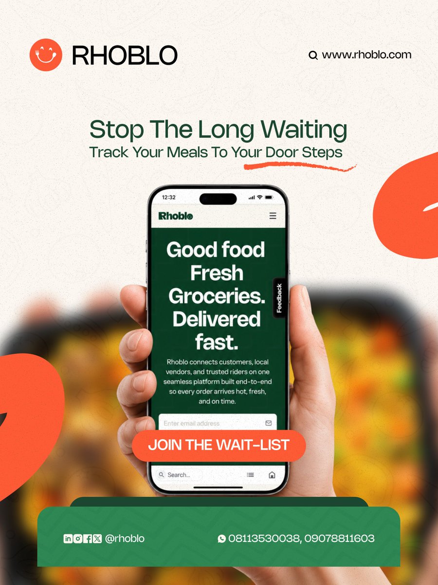 RhobloNG's tweet photo. Ordered food and now you're just staring at your phone wondering where it is? 😭

🍽️ Order from local vendors
🛵 Get it delivered
📍 Track your meal to your doorstep
RHOBLO is coming. 👀
Join the waitlist:
👉https://t.co/vnRhg1RntX

#RHOBLO #Uyo #AkwaIbom https://t.co/gfQ35xpzR5