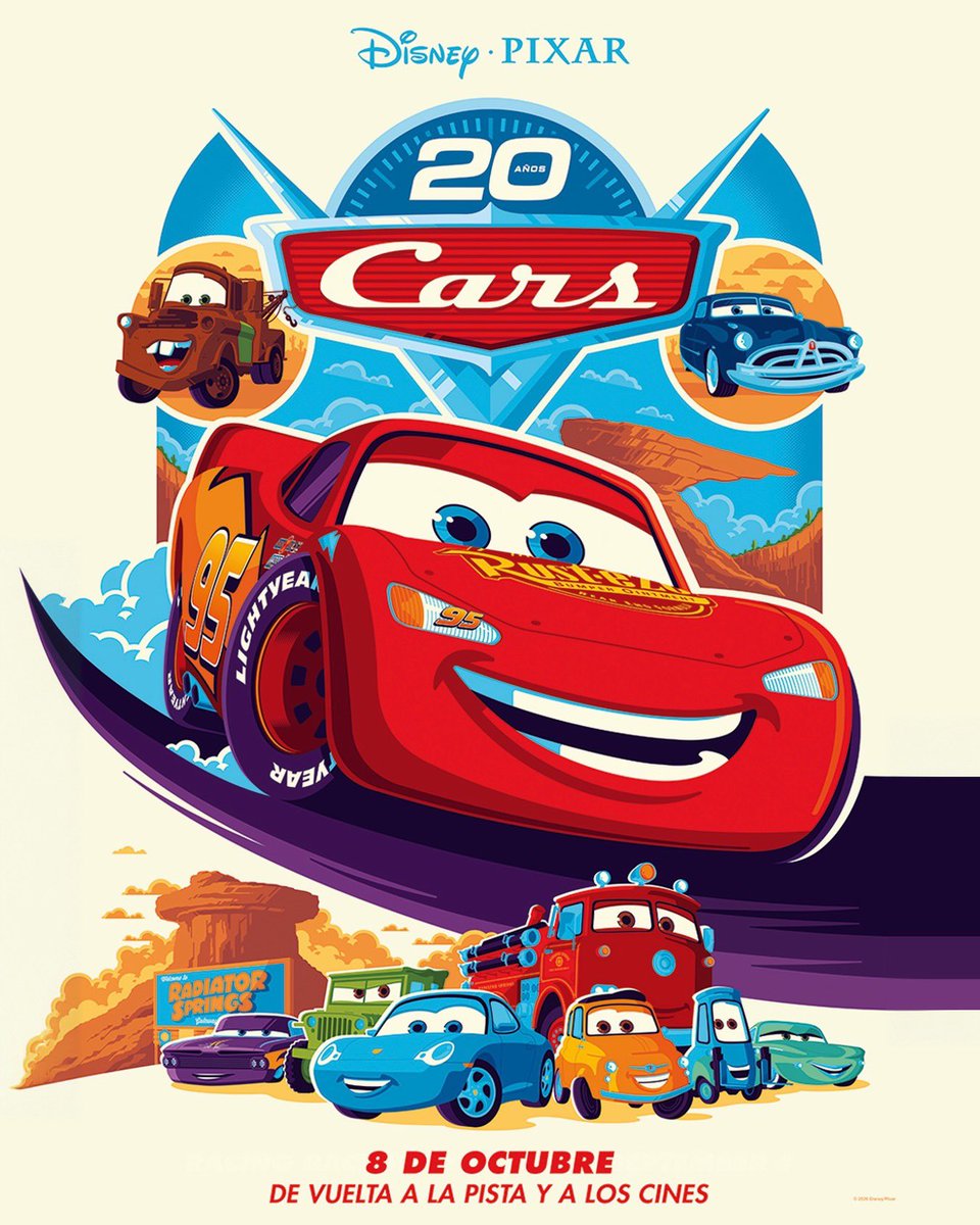 almanaquedisney's tweet photo. 🚨 KATCHAU! Pôster oficial para o relançamento de ‘Carros’, da Pixar, em comemoração aos 20 anos do filme.

A animação volta aos cinemas brasileiros a partir de 8 de outubro. https://t.co/8bmssB8Ylf