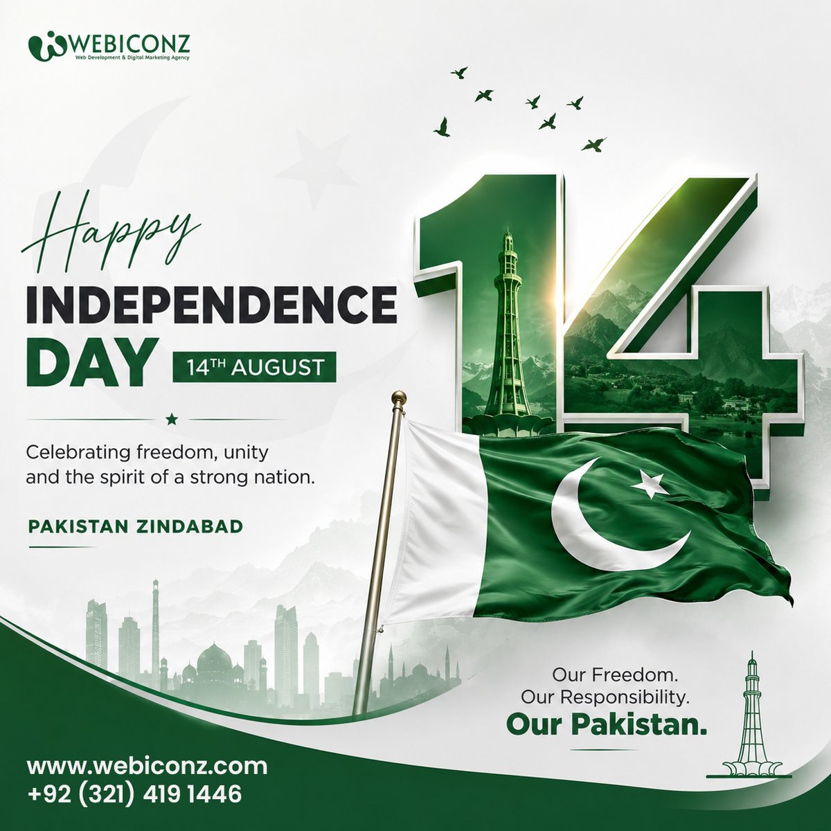 webiconzz's tweet photo. 👉 Green in the flag, pride in our hearts. Happy Independence Day, Pakistan!
⭐ 14th August 1947: a day we remember, a legacy we carry forward.
🌐 https://t.co/52Mvz3UNzm
#webiconz #جشن_آزادی_مبارک #پاکستان_ہمیشہ_زندہ_باد #سلام_افواج_پاکستان #OneNationOneDestiny #LongLivePakistan https://t.co/ePUnKXr3GA