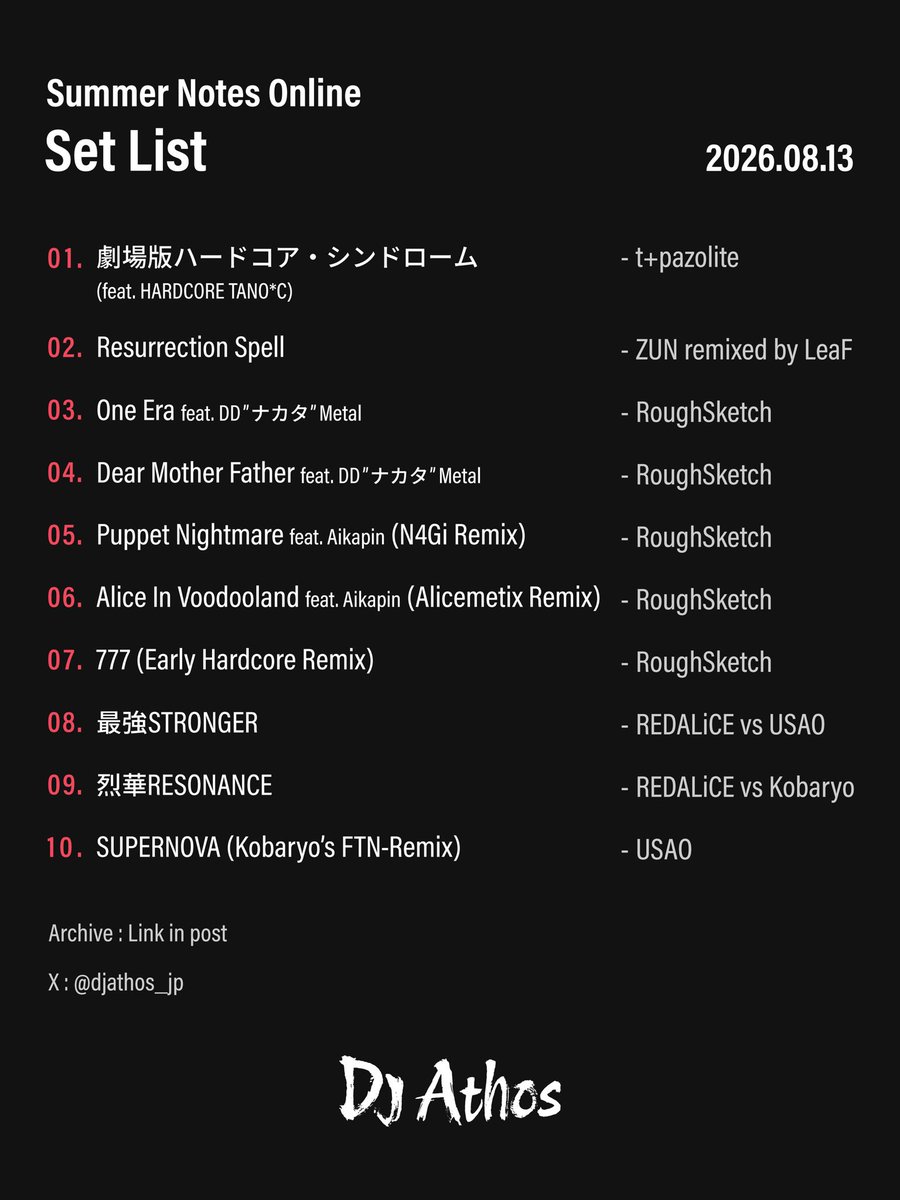 djathos_jp's tweet photo. Summer Notes Online ありがとうございました！
私の確認不足で、配信では別の音源が流れてしまっていました。
本来お聴かせするはずだったハードコアのMixがこちらです。
#summernotes #crossnotes

https://t.co/hNnv8iuxwE https://t.co/wO6Kd3FHms