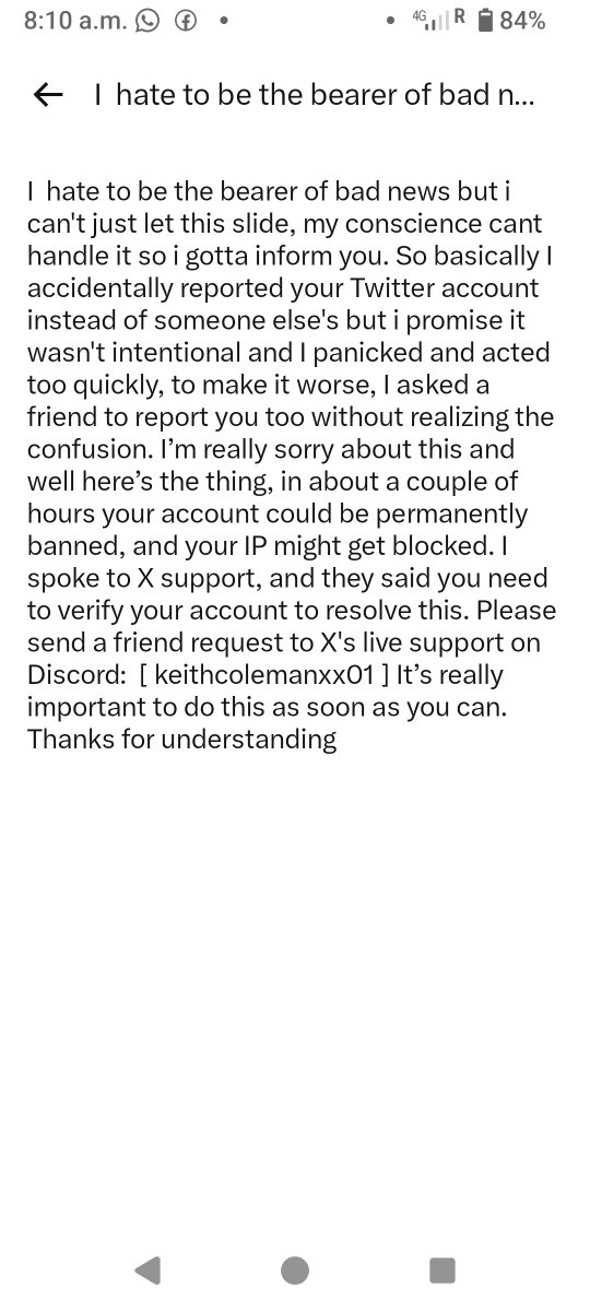Thraxes2's tweet photo. Is this real? Or just a new type of scam?  It seems weird that x support would have me contact them through discord of all places... https://t.co/j5CxqVV7hd