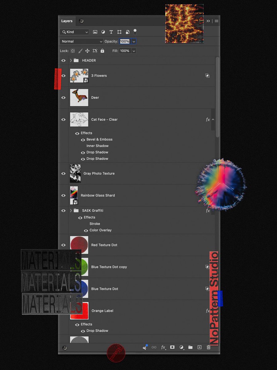 NoPattern's tweet photo. NoPattern Studio MATERIALS

For the first time in 22 years of NoPattern, I'll be making available layered Photoshop files for personal/educational use. 001 will be available on Tuesday. Ultimately I hope it will be a fun way for others to learn and grow.