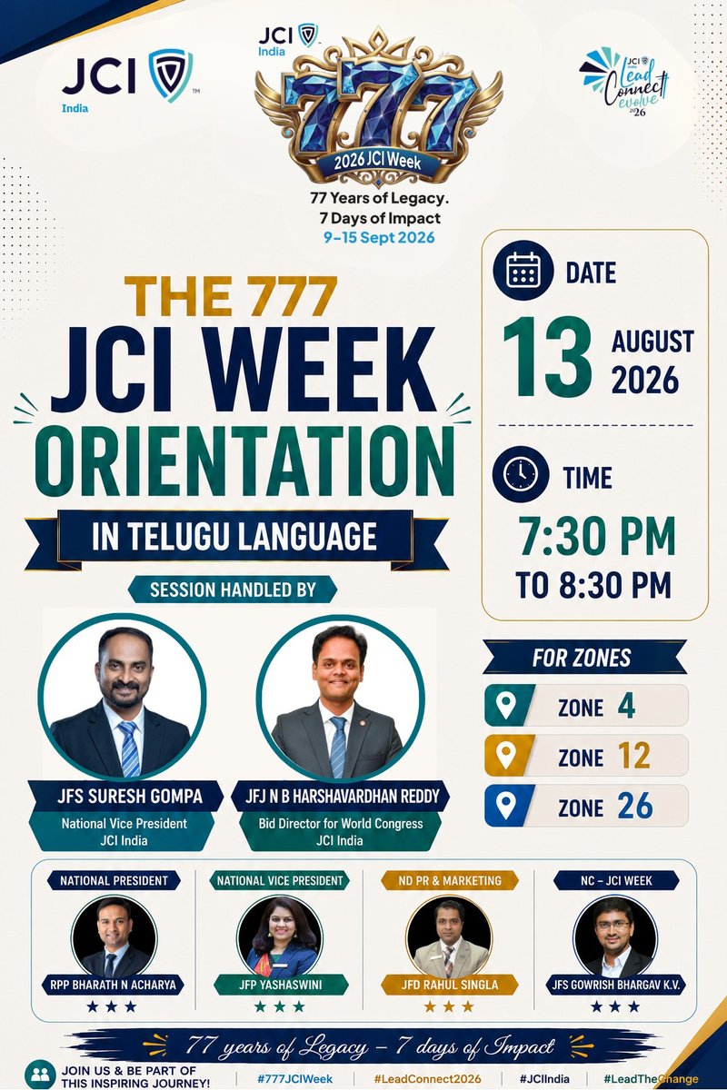 nbhvr's tweet photo. Pleased to be part of the 777 JCI Week Orientation in Telugu, connecting with JCI INDIA Zones 4, 12 & 26.
Looking forward to sharing insights and building greater participation for JCI Week 2026 — 77 Years of Legacy, 7 Days of Impact!
#JCIWeek #JCIIndia #LeadConnectEvolve #JCI https://t.co/VnF6aSYcpl