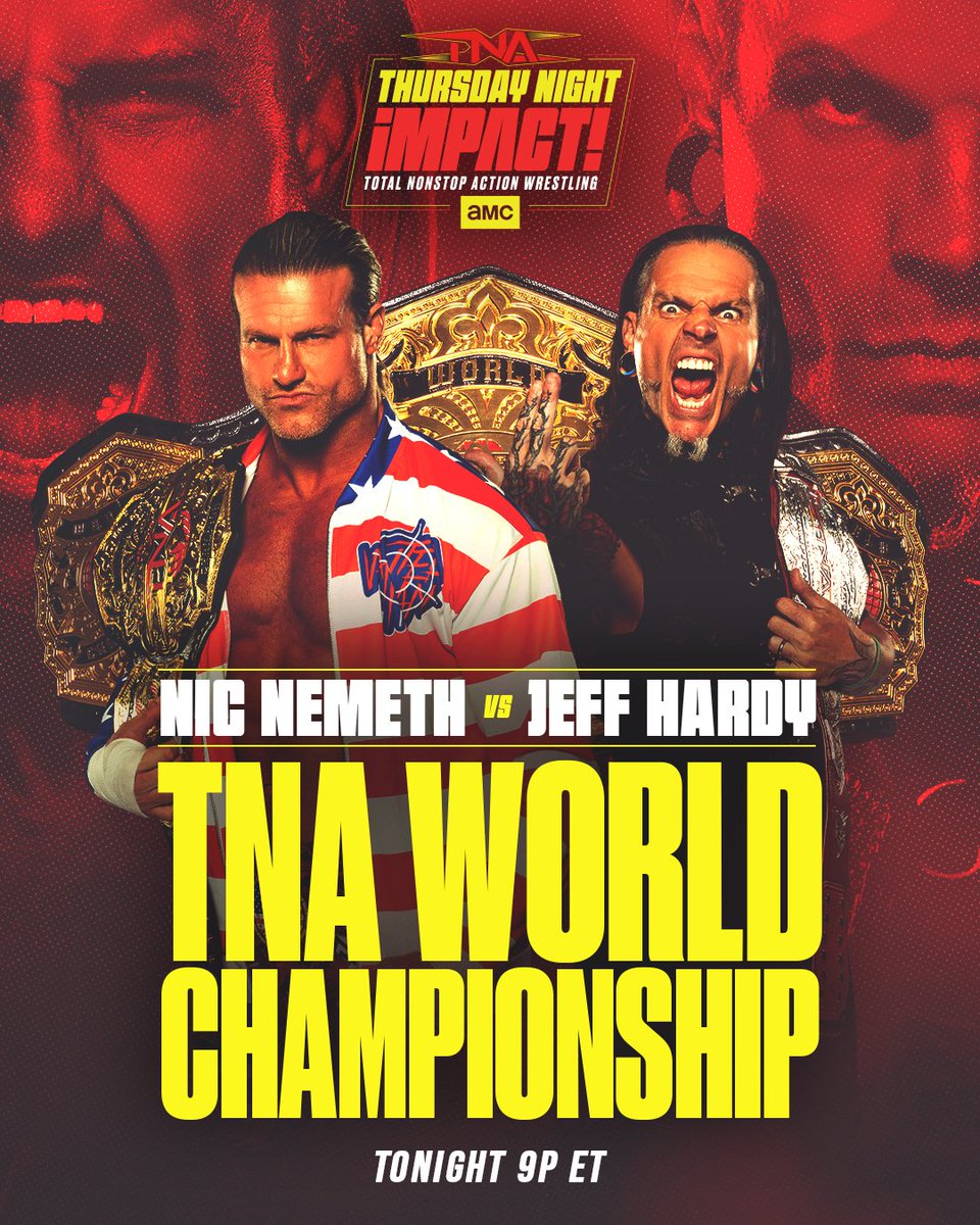 ThisIsTNA's tweet photo. It's one of the biggest TNA World Title matches in #TNAiMPACT history - @NicTNemeth defends against @JEFFHARDYBRAND TONIGHT at 9/8c on @AMC_TV and @AMCPlus in the US, TNA+ worldwide, and at 8pm ET on @Sportsnet 360 in Canada! #TNAiMPACT https://t.co/sZTZlX7aew