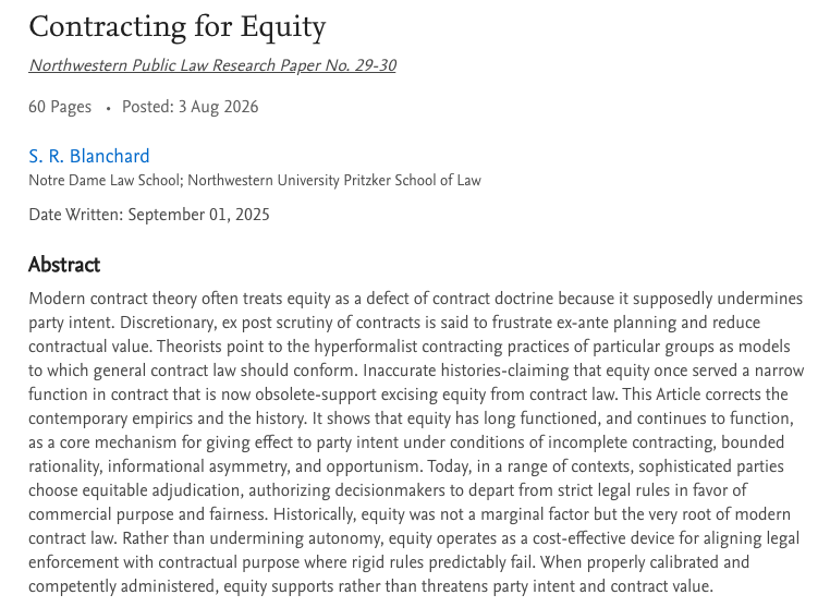 prof_blanchard's tweet photo. My article, "Contracting for Equity," defending the historical and current role of equity in contract law is now on SSRN (in draft, comments welcome) and will be coming out in the Duke Law Journal. https://t.co/G66uDRaPAf https://t.co/Yo3hZgOwyw