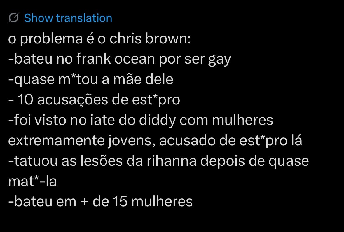 ynwl_clara's tweet photo. gente olhe vamos lá… PAREM de defender o chris brown como o argumento de “bom cantor” ou “bom artista” FODASE se ele faz boas musicas ou tem uma boa produção, o cara é IMUNDO já gabaritou quase todos os crimes contra a mulher e vcs vem falar de bom artista????? ah vsf https://t.co/43xsd2ETHV