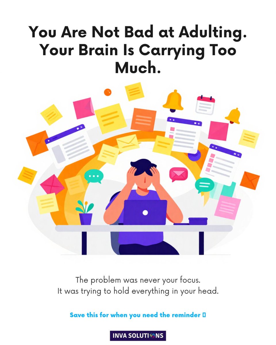 INVASolutionltd's tweet photo. You're not bad at adulting.

Your brain is carrying too much.

Your calendar. Your reminders. Your deadlines. Your decisions.

That's cognitive load.

The goal isn't to remember more.

It's to 𝐧𝐞𝐞𝐝 𝐭𝐨 𝐫𝐞𝐦𝐞𝐦𝐛𝐞𝐫 𝐥𝐞𝐬𝐬. 

#CognitiveLoad #ExecutiveFunction #INVA https://t.co/zg28lYqsy8