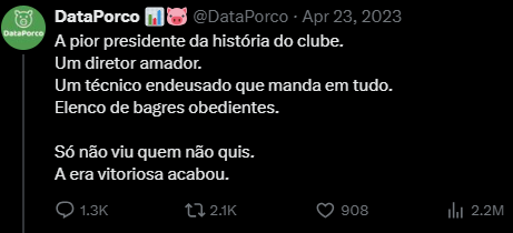 goldonabo's tweet photo. @palmeirasptd Nosso amigo chamado @DataPorco  sendo inocentado. Já falava que a era vitoriosa estava se esfarelando em ABRIL DE 2023, só se atrasou um pouco pq nos 10 jogos finais daquele Brasileirão um fenômeno único da base salvou o título. Mas dali em diante... https://t.co/ZhABse1NxP