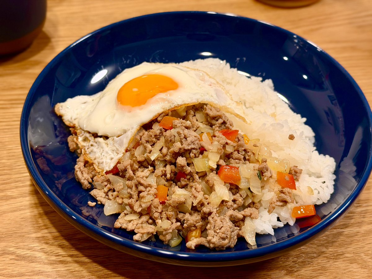 suzu_dayo's tweet photo. 雨がすごいので、鶏じゃなくて合挽肉だし、バジルじゃなくて大葉のガパオライス
ガパオ警察に即逮捕されそう https://t.co/xvUvjLkPJN