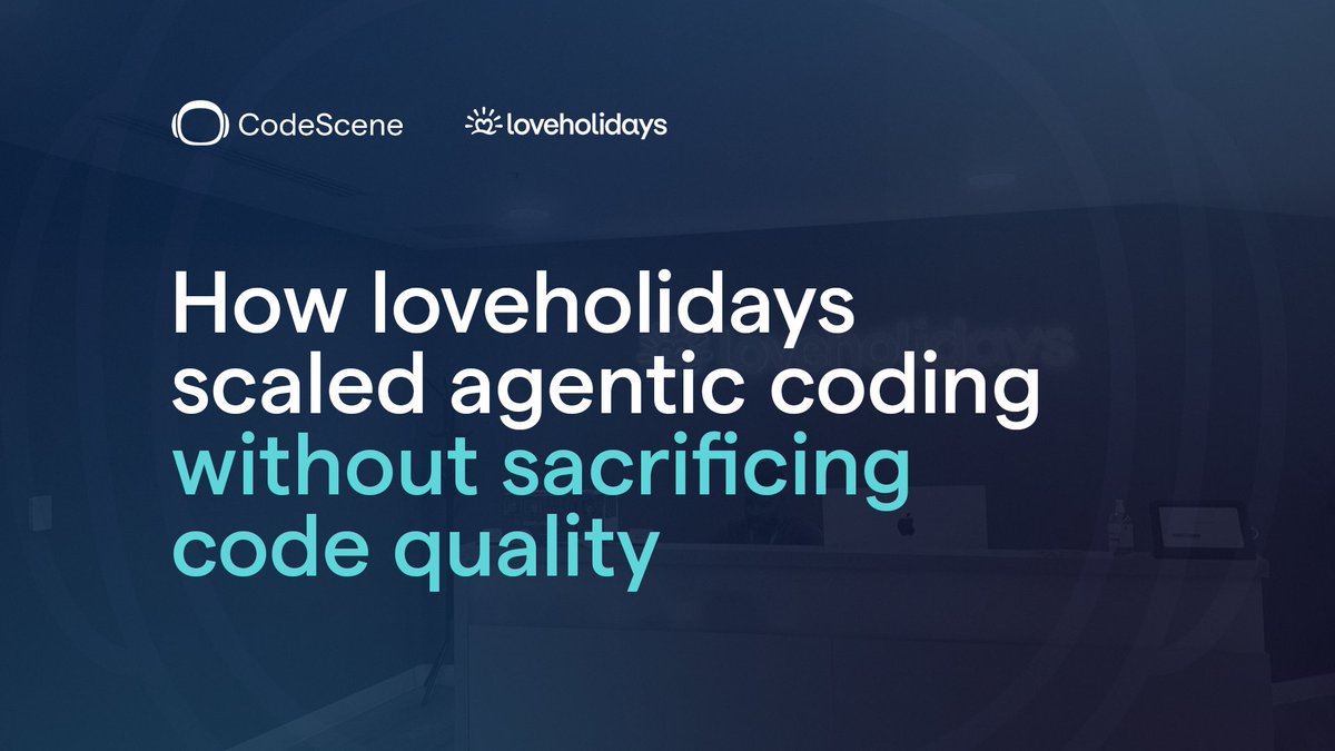 codescene's tweet photo. How loveholidays scaled to 80% agent-assisted coding while raising code quality to elite levels. 
Watch the full story below 👇

https://t.co/tAOrWMgGPs https://t.co/5PDtW9uQ2X