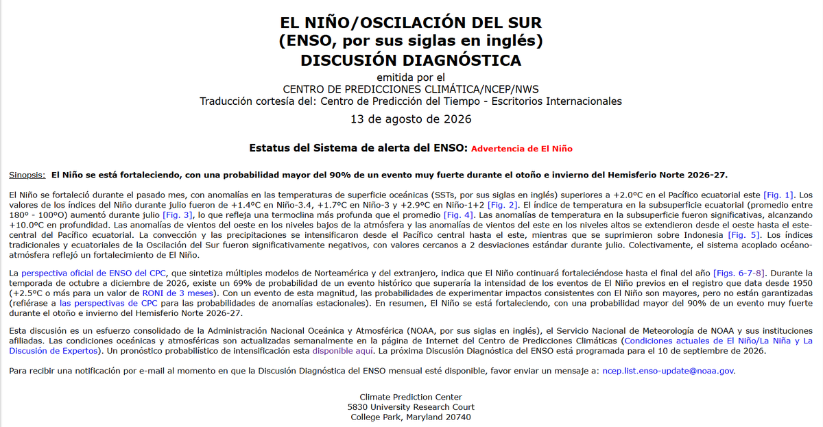 jesusverdeL's tweet photo. #ÚLTIMO NIÑO EN POTENCIA

Nuevo reporte da cuenta de un 90% de fortalecimiento de #ELNIÑO y 69% de probabilidades de un evento histórico desde 1950. https://t.co/PBoq4f1iM7