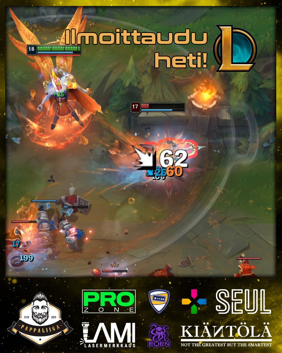 pappaliiga's tweet photo. Pappaliigan League of Legends turnauksen ilmoittautuminen on avattu!

Turnaukseen ilmoittaudutaan Pappaliigan hubin kautta antamalla joukkueen tiedot. Administo määrittää joukkueen taitotasolle sopivan divisioonan ja lähettää kutsun turnaukseen Challengermode -turnausalustalla. Pelit alkavat 10.9.2026.

Ensimmäiselle viralliselle kaudelle osallistumiseen liittyen kaikilla pelaajilla tulee olla voimassaoleva Pappaliiga ry:n jäsenyys kalenterivuodelle 2026. Huomioithan, että osallistua voivat vain tänä vuonna 30 vuotta täyttävät (synt. -96) ja sitä vanhemmat pelaajat.

Ilmoittautuminen on auki 13.8–3.9.2026. Lisätiedot, ilmoittautumisohjeet ja keskustelu pelikohtaisilla League of Legends -kanavilla Pappaliigan Discordissa.

Nähdään Riftillä!