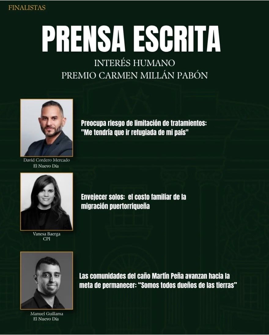 vbaerga's tweet photo. 🏆 Seguimos EN ONDA 🌊

Ahora, FINALISTA en la Premiación a la Excelencia Periodística del @opcpr,  Categoría Prensa Escrita Interés Humano por “Envejecer solos: el costo familiar de la migración puertorriqueña” publicado por @cpipr. 

¡Felicidades a todos los finalistas! 🌟 https://t.co/POsXBdnhue