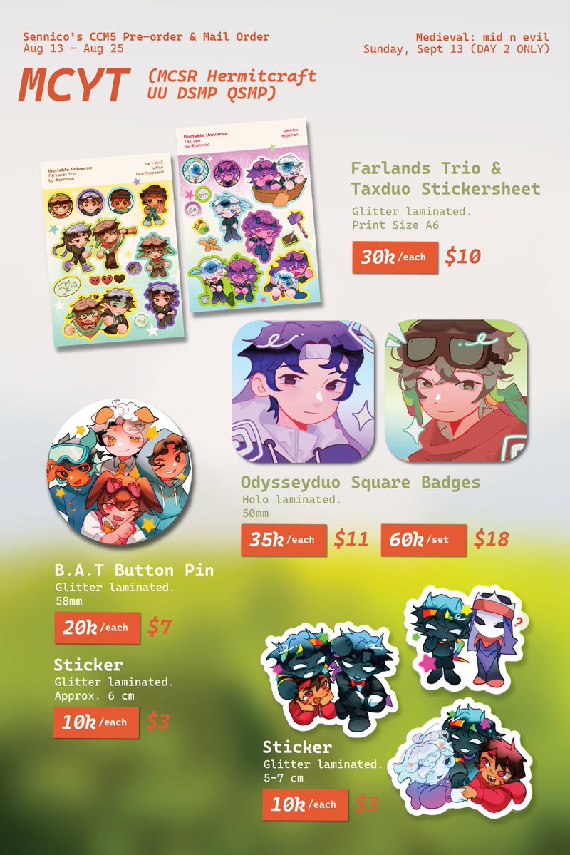 senncoo's tweet photo. sennico's #COCOMA5 Pre-order &amp; Mail Order !!!  
🎟️ MCYT (MCSR, UU, DSMP, HC, QSMP), Formula 1, Love Bullet, DC, KCD, fallout, 17776, disco elysium, reanimator, phm, mickey 17
📅 13 - 25 Aug 2026 
📍DAY 2 ONLY !! "Medieval: mid n evil" D-38

#cocoma5catalogue
(1/3) https://t.co/FA9PRXxVYB