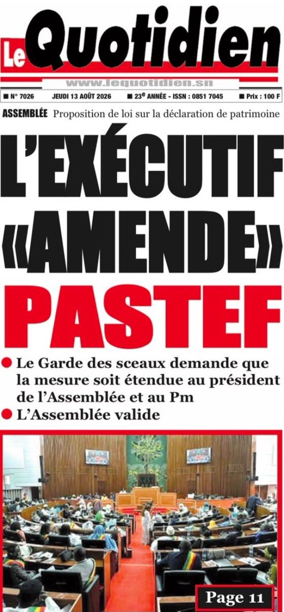 ibra_mamoudou's tweet photo. #Sénégal
DÉCLARATION DE PATRIMOINE : PUBLIONS TOUTES LES DDP !
Je suis au regret de le dire : la Déclaration de patrimoine faite devant l'#OFNAC ne garantit en soi aucune transparence. La publication de la liste des assujettis (déclarants et récalcitrants) n'est pas le vrai enjeu. Le plus important, c'est la publication du patrimoine de chacun, à son entrée et à sa sortie de fonction.
Quant à la modification de l'article 37 de la Constitution relative à la DDP du Président de la République (début et fin de mandat), l'extension de sa publicité au Président de l'Assemblée nationale et au Premier ministre, semble être une avancée. Mais est-elle suffisante ?
À la DDP, il faut ajouter la Déclaration d'intérêt et les publier toutes.
Tandis que l'élite politique aux affaires - le Système, ah le Système Pastef ! -, fait des déclarations... cachées de sa fortune, le pays court le risque de manger des pierres. Le kilogramme de viande est vendu entre 5500 et 6500 francs CFA. Pauvres ménages sénégalais. Des infortunés laissés à eux-mêmes.
Le Système est mort, vive le Système !
#mik
