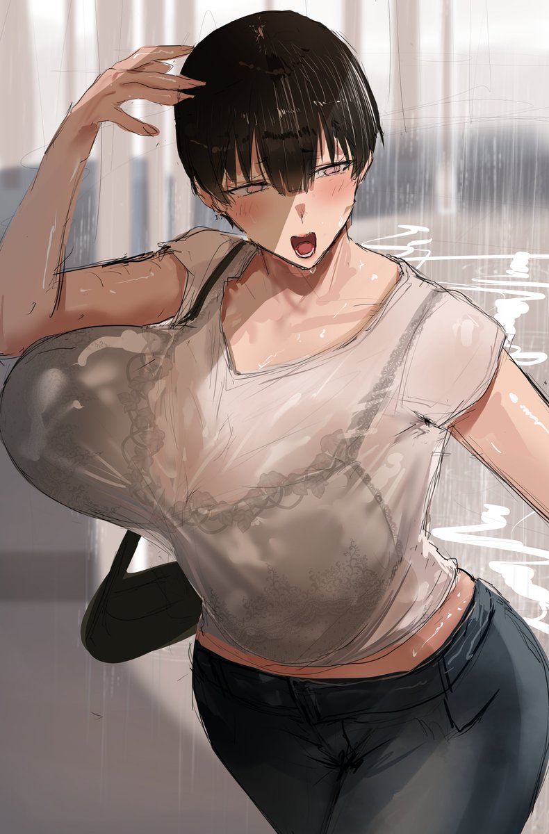 aluhi0117's tweet photo. 最近雨が多いので急な雨で濡れ透けになるアキちゃんを描いてる。 https://t.co/OBkGPFPv1F