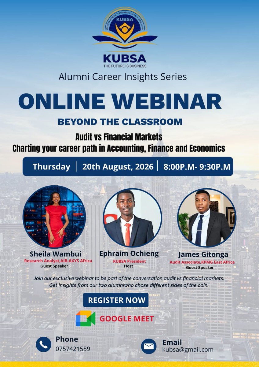 KUBSA_Official's tweet photo. Confused: Audit or Financial Markets?

Get real insights from KUBSA alumni at KPMG &amp; AIB-AXYS Africa.

📅 20th Aug 2026 | ⏰ 8:00PM | 💻 Google Meet
#KUBSA #CareerGrowth https://t.co/L8ErVpjbRG