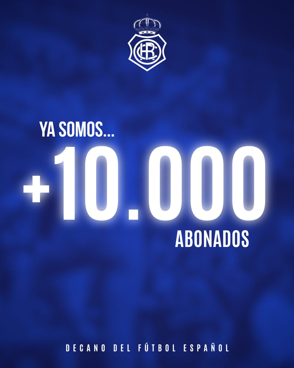 recreoficial's tweet photo. 𝕊𝕆𝕄𝕆𝕊 1️⃣0️⃣.0️⃣0️⃣0️⃣ recreativistas para esta temporada 🙌🏻🥹🔝

𝐌𝐢𝐥 𝐠𝐫𝐚𝐜𝐢𝐚𝐬, 𝐚𝐟𝐢𝐜𝐢𝐨́𝐧, ¡𝐯𝐚𝐦𝐨𝐬 𝐚 𝐩𝐨𝐫 𝐦𝐚́𝐬! 🤍💙

#RendirseNoEsCostumbre #DecanoDelFutbolEspañol https://t.co/R2foDMIh8s