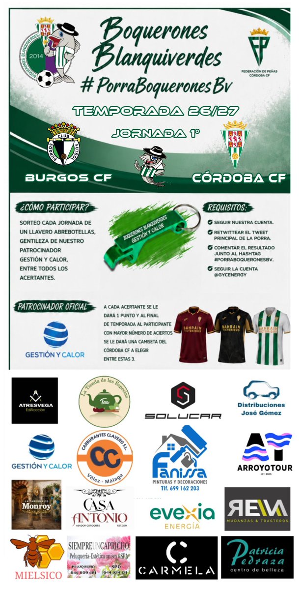 Pc_boqueronesbv's tweet photo. Llega nuestra #PorraBoqueronesBv en esta temporada 26/27, Jornada 1.
Este año trae novedades. Cada Jornada, sorteo entre los acertantes, de un llavero abridor personalizado, gentileza de nuestro Patrocinador @GYCenergy. Y el mayor acertante se llevará la camiseta.

⚽️🤍💚🤍⚽️ https://t.co/KvmlyKo41R