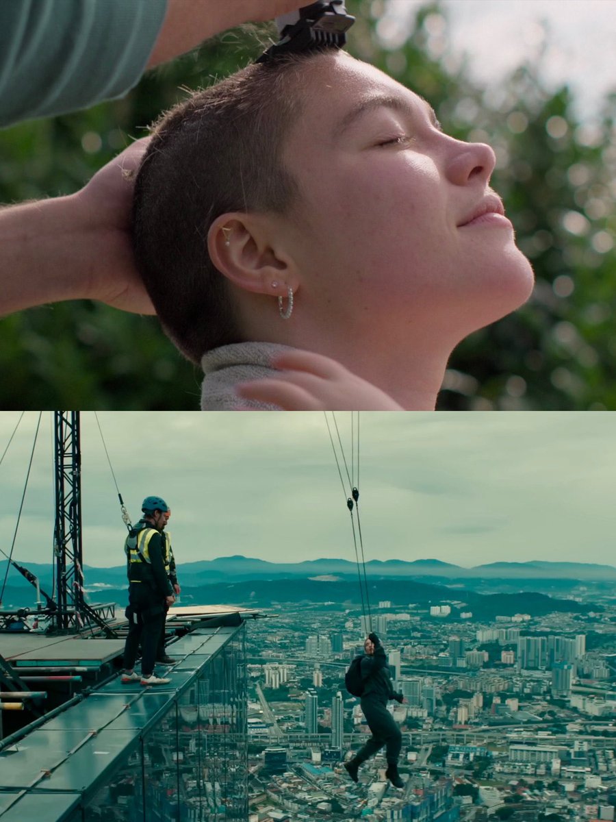 bestofpugh's tweet photo. thinking about how florence pugh actually shaved her head on camera for ‘we live in time’ and jumped off of the second tallest building in the world for ‘thunderbolts’… we love a committed actress https://t.co/loqbvRpRHj