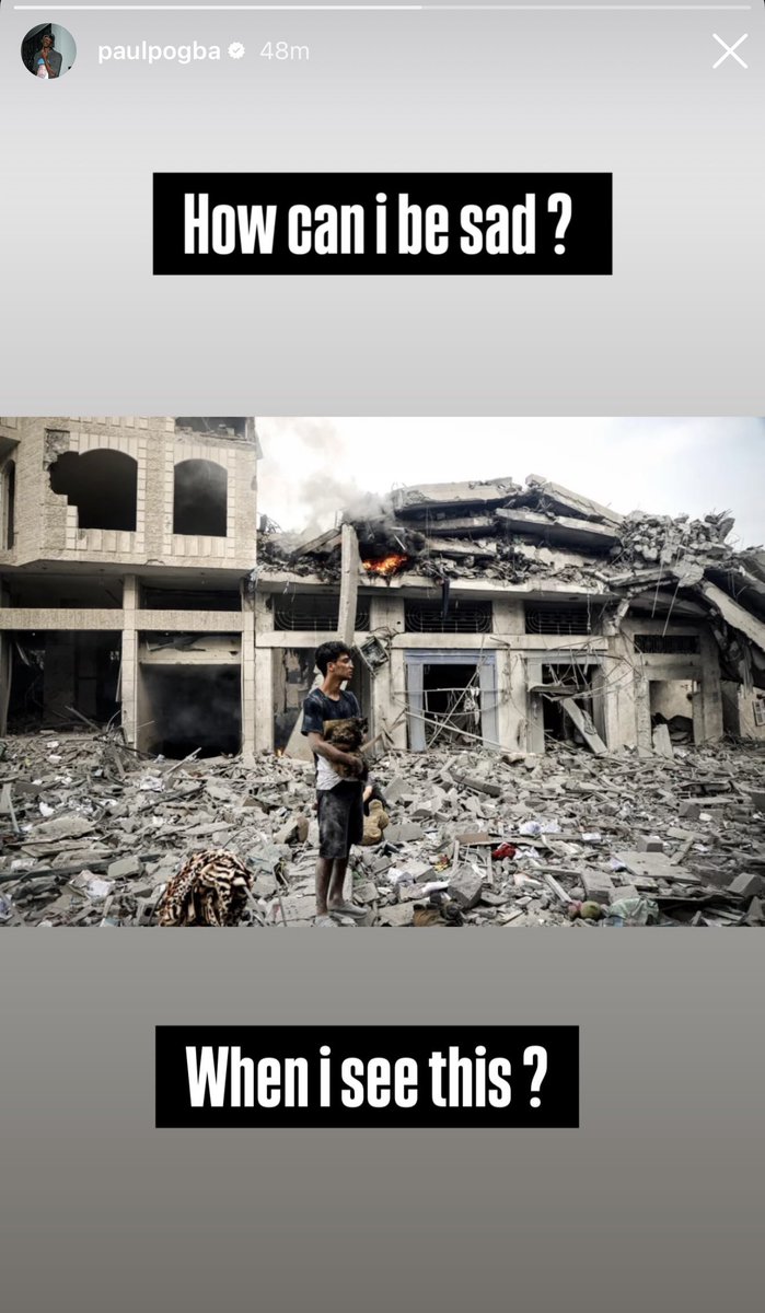 FaithfullBaller's tweet photo. Paul Pogba shares a powerful story on Instagram saying how can he be sad while he sees images of Palestinian houses destroyed and people standing in the rubble. 

AS Monaco reportedly offered to terminate his contract. But he reminds the world about what really matters ❤️🇵🇸 https://t.co/LcED1XEjW9