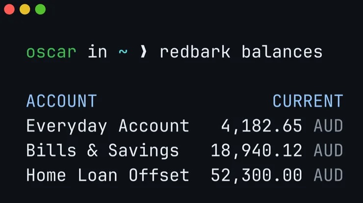 redbarkco's tweet photo. Access your Aussie &amp; Kiwi banking data live via CLI. Open Banking secured.