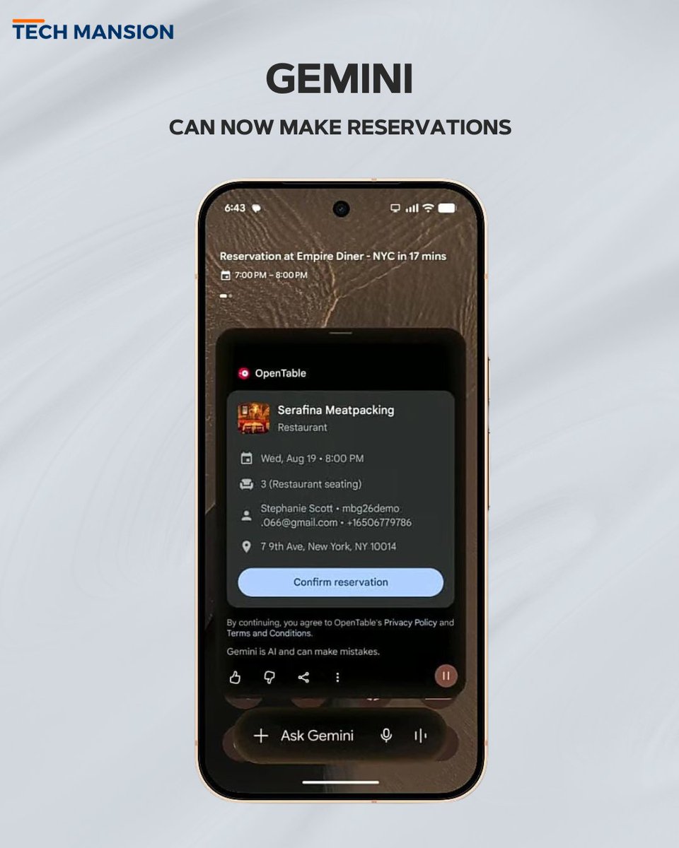 TechMansion's tweet photo. Gemini on the Pixel 11 can now make reservations on your behalf by pulling from your calendar, Google Maps, & even the restaurant website, via a voice command.
Google Pixel 11 is truly living up to its slogan of "Asking More of your Phone"
#Pixel11 #Gemini #GooglePixel #technews https://t.co/DUYvQNxTIU