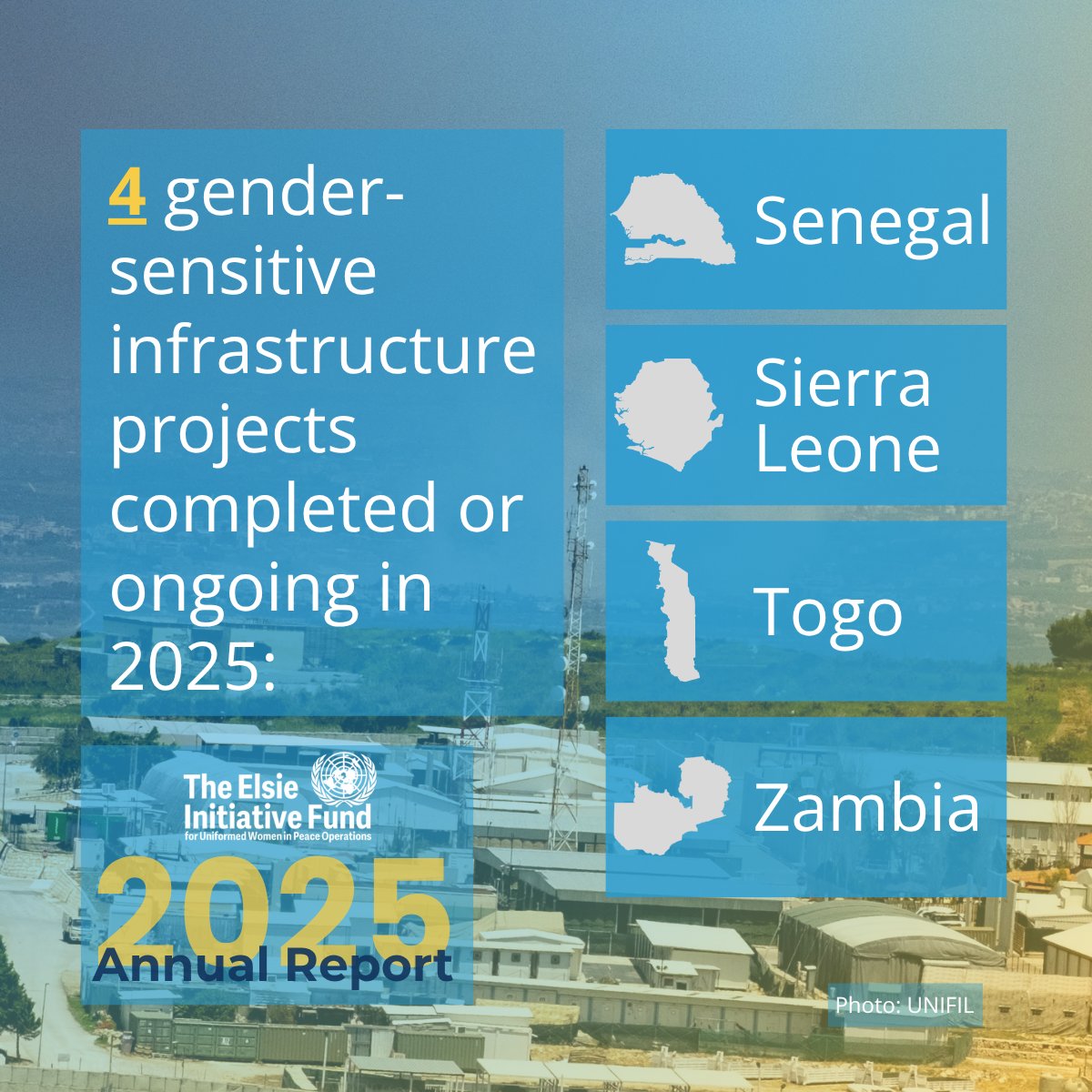 ElsieFund's tweet photo. In 2025, EIF-supported projects helped improve accommodation, childcare and training-related facilities in 🇸🇱 🇸🇳 🇹🇬 🇿🇲. By addressing practical barriers, security institutions are helping create more inclusive conditions for women’s participation in @UNPeacekeeping. @MPTFOffice https://t.co/DIRZC3QosM