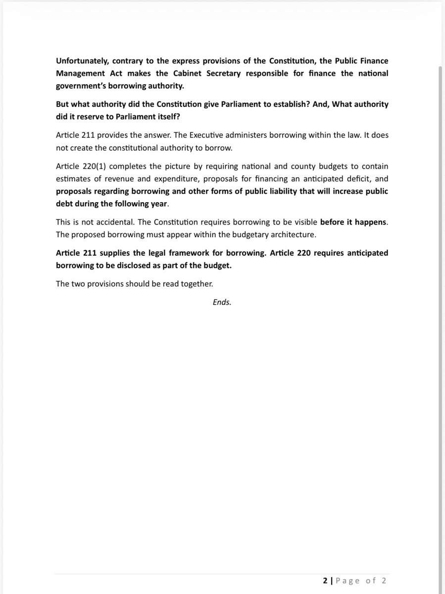 OkiyaOmtatah's tweet photo. SEN. OMTATAH’S MUSINGS ON BORROWING FOR THE REPUBLIC.

The REAL DANGER of public debt is not simply how much Kenya borrows, but WHO has the constitutional power to BIND THE REPUBLIC to that debt.

Does the Executive borrow, or does Parliament? Under Article 211, it sets the constitutional framework within which Kenya may borrow.

Debt outlives governments. It binds future Parliaments and generations. This deserves serious constitutional scrutiny.