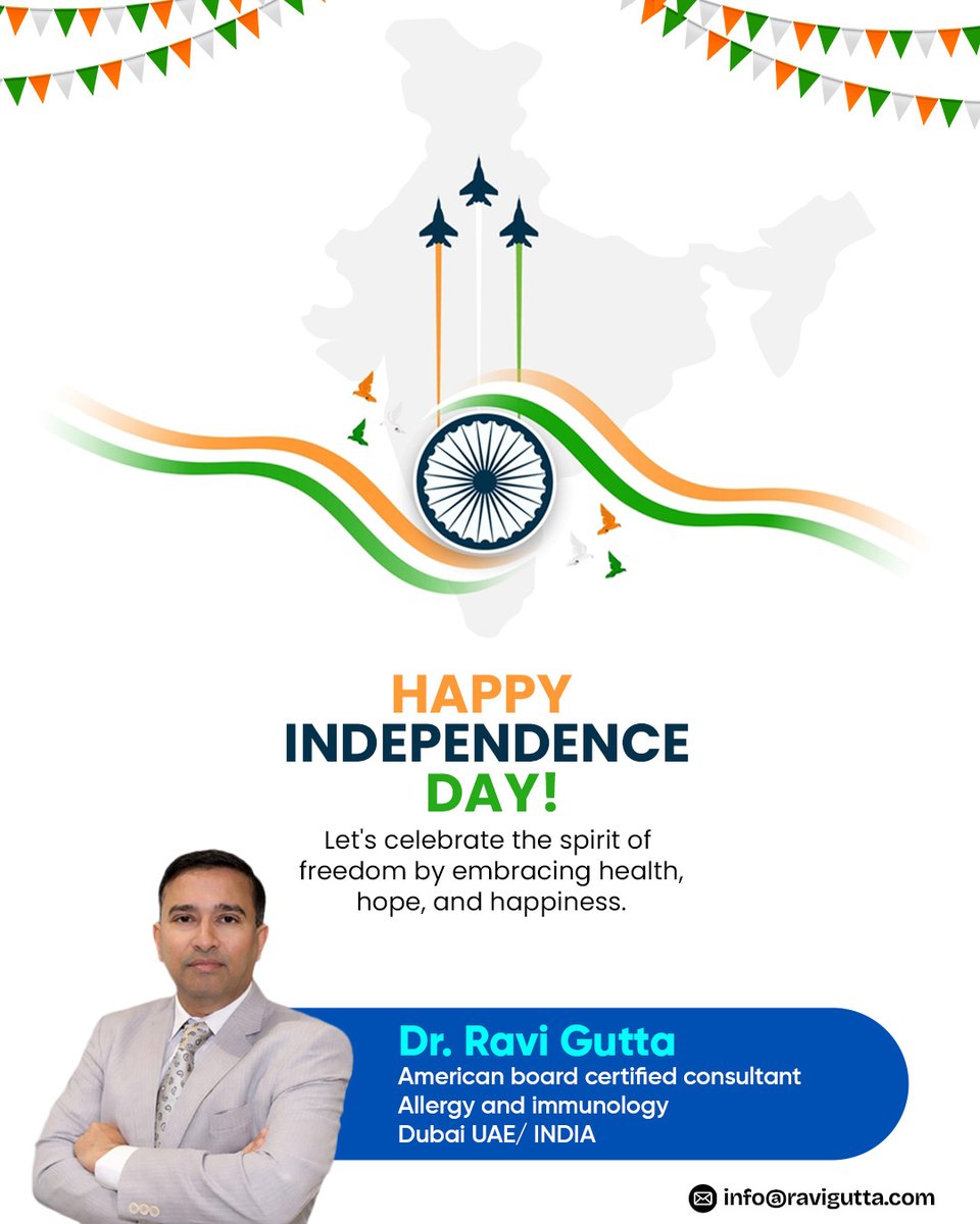 drrcgutta's tweet photo. Dr. Ravi wishes everyone a proud and healthy Independence Day!  Let’s celebrate the spirit of freedom, honour our nation’s journey, and look forward to a healthier, stronger, and brighter India. #DrRaviGutta #AllergySpecialist #HappyIndependenceDay #IndependenceDay #JaiHind https://t.co/67Pvrpxfam