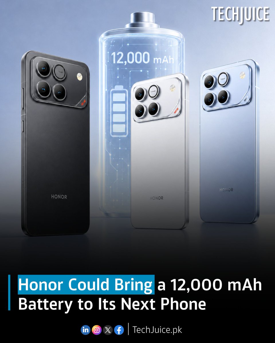 TechJuicePk's tweet photo. Honor Could Bring a 12,000 mAh Battery to Its Next Phone.
Honor is reportedly testing a massive 12,000 mAh smartphone battery, which has already entered trial production, according to a new leak.
#techjuice #honor #smartphone #battery #technews https://t.co/QE08O4yD8z