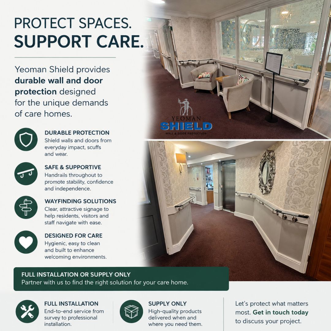 YeomanShield's tweet photo. Every care home deserves interiors that are safe, welcoming and built to withstand everyday use 🛡️
Get in touch to discuss your next care home project 👉 https://t.co/N1kvqox292
#HealthcareDesign #WallProtection #DoorProtection #Handrails #Wayfinding #HealthcareInteriors https://t.co/Gc4qrYMxxJ